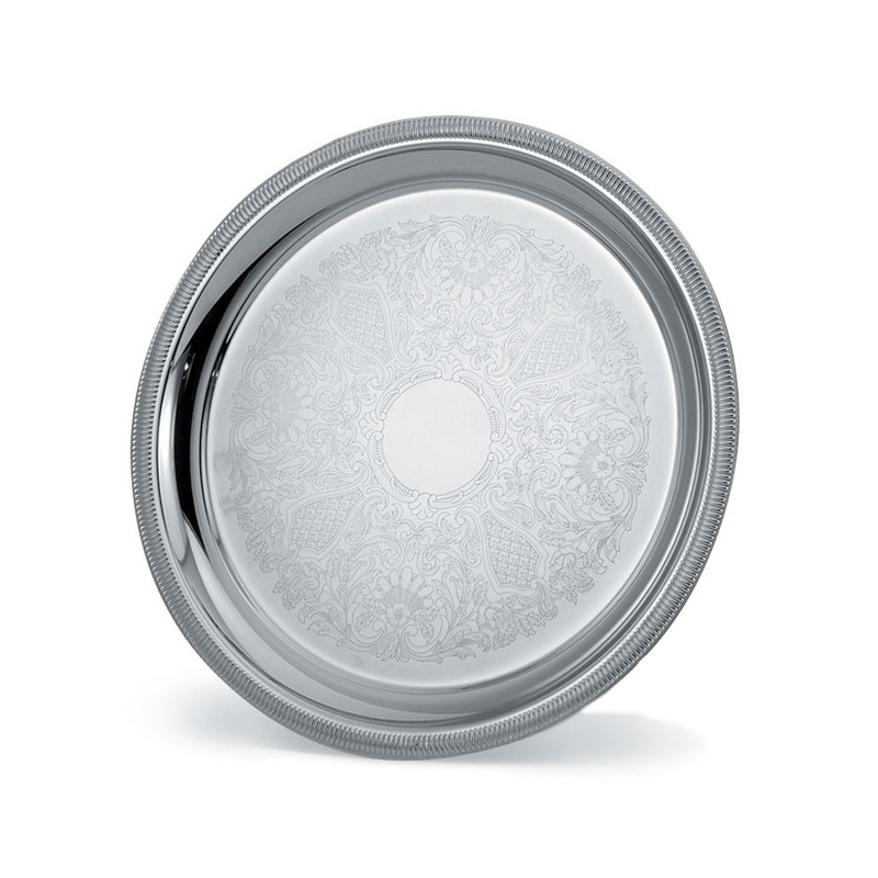 Display Trays Stands Platters New York Sublime Events Round Catering Tray Is Made From Mirror Finished Heavy Duty 18 8 Stainless Steel The Scalloped Gadroon Edge And Embossed Center Of Add
